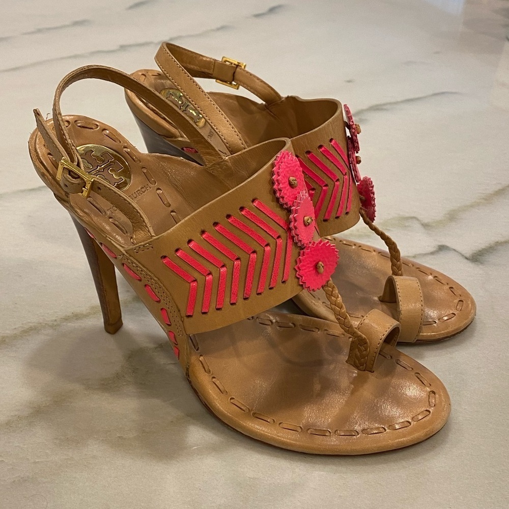 Tory Burch Brown and Pink Heeled Sandals
